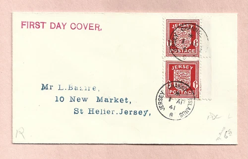 JERSEY 1 APRIL 1941 VERTICAL MARGINAL PAIR 1d ARMS ON FDC
