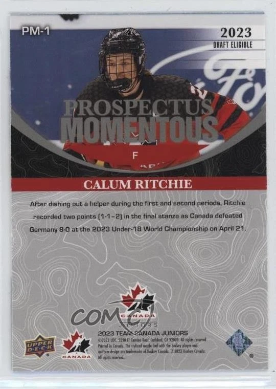 2023 Team Canada Juniors Prospectus Momentous Electric Green /49 Calum Ritchie - Image 2 of 2