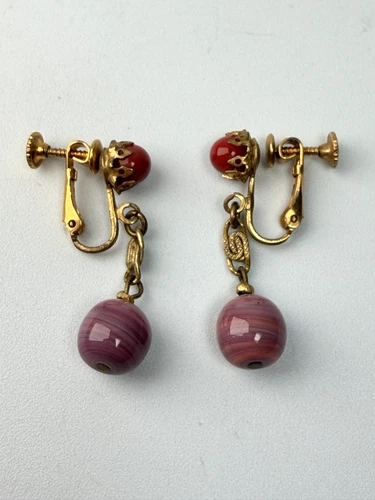 VTG Haskell Gold Tone Rose Pink Lavender Red Glass Dangle Screw Back Earrings