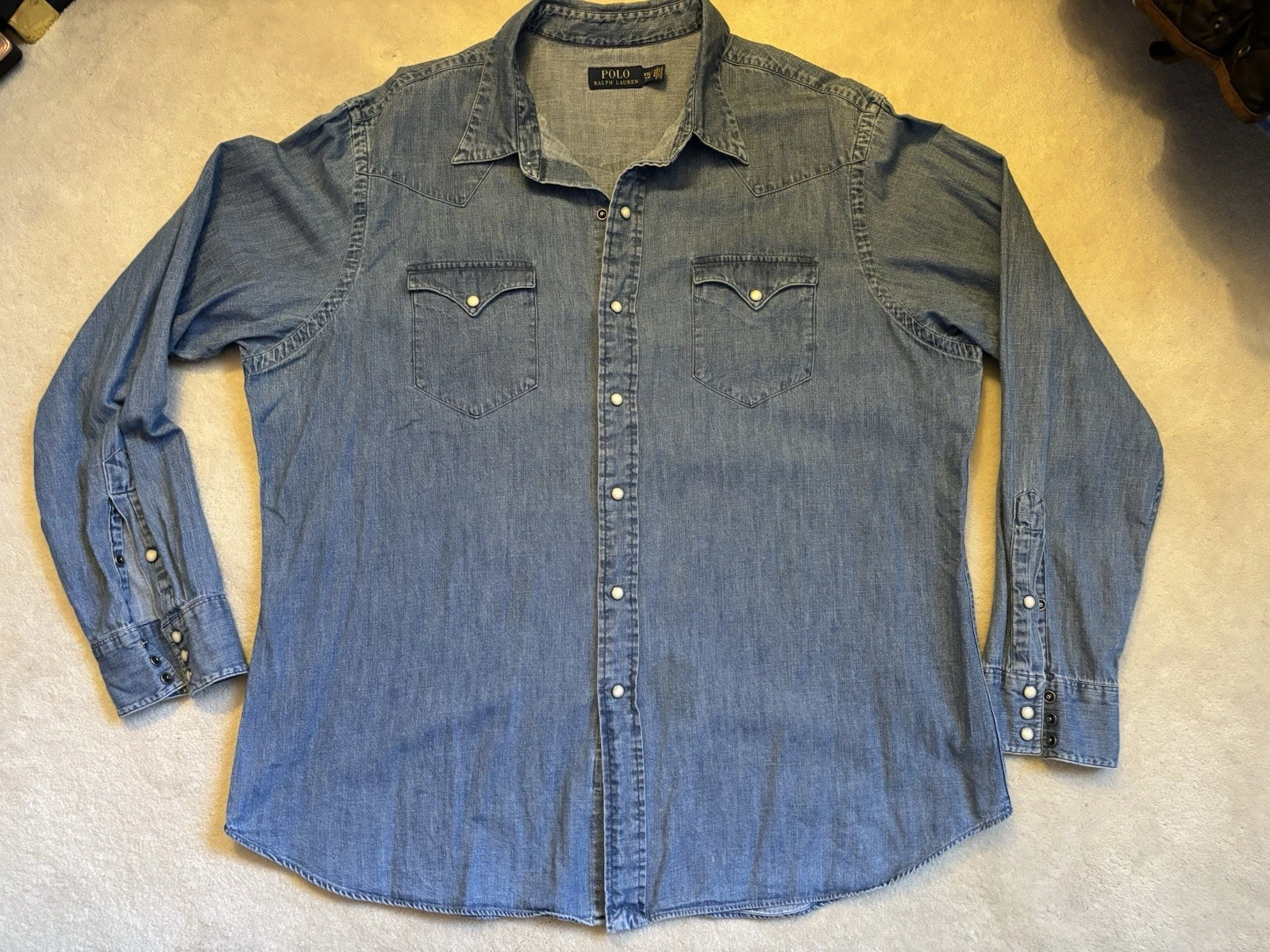 Polo Ralph Lauren Western Cowboy Denim Blue Pearl Snap Shirt XXL