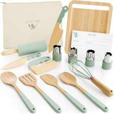 Wooden Cooking Baking Set for Kids - Safe Real Kitchen Tools Give Toddlers a