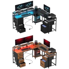 HOMCOM 66" L Shaped Desk with File Drawer, 105" Two Person Desk