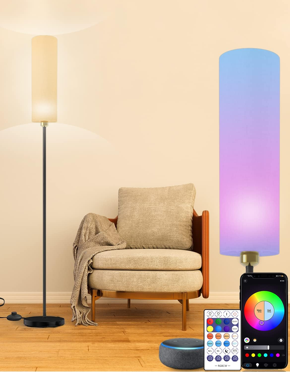 Smart Floor Lamp Works with Alexa & Google Home, Color Changing Stepless Dimmabl