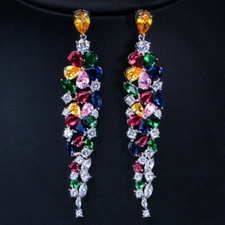 Beauty Multicolor CZ Long Big Flower Drop Dangly Earrings for Women Brides Party