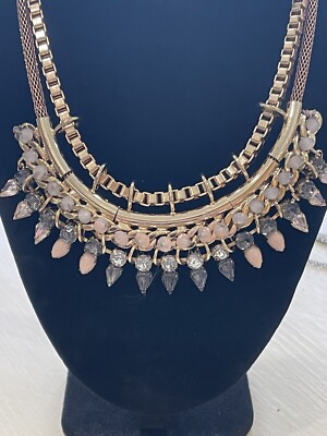 Express Necklace Boho Statement Crystal Beaded Bib Pendant Gold Tone 16'' Perfect