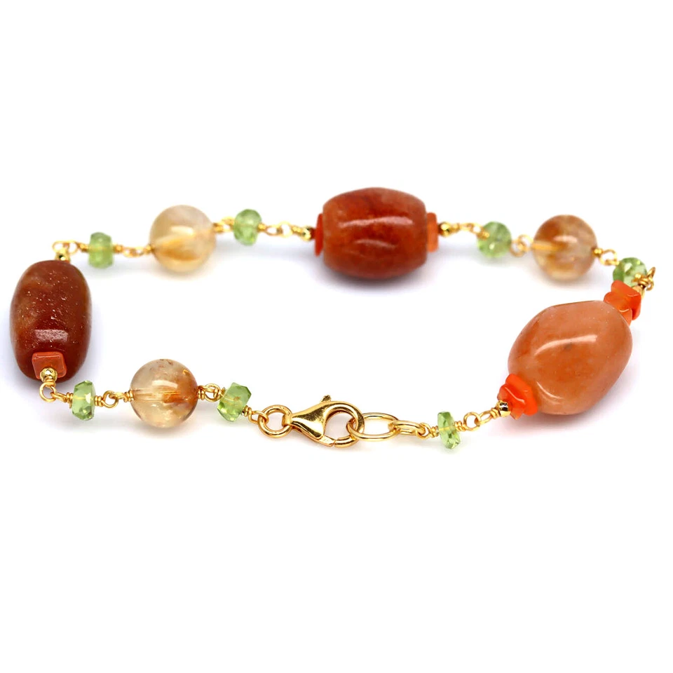 Edelstein Orange Achat, Citrin & Peridot Armband 8 " 925 Sterlingsilber - Bild 3 von 4