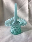 FENTON AQUA OPALESCENT COIN DOT RUFFLED TOP HAT BASKET