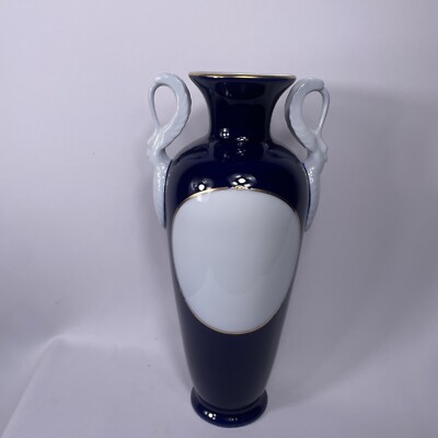 Vtg Haas & Czjzek Cobalt Blue & White Porcelain Vase 14.5  Swan/Serpent Handles