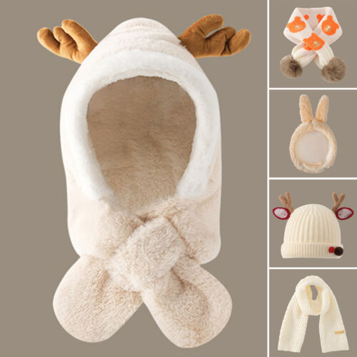Baby Beanie Solid Color Coldproof Winter Lovely Cartoon Shape Scarf Hat Knitted - Picture 1 of 30