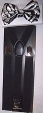 Tuxedo Black and White Zebra Pre-Tied Strap Bow tie And Black Y-Back Suspenders