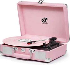 Vintage Pink Suitcase Record Player 3-Speed Turntable with Bluetooth USB MP3