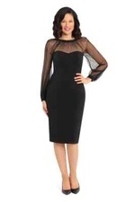 MAGGY LONDON Black Long Sheer Illusion Sleeve V-Back Crepe LBD Dress 4 US  S