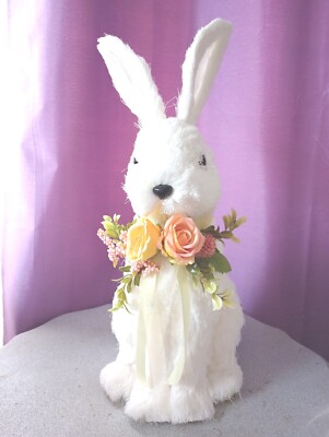 White Sisal Easter Bunny Rabbit Figure Pink Flowers 16'' Spring Tabletop Decor