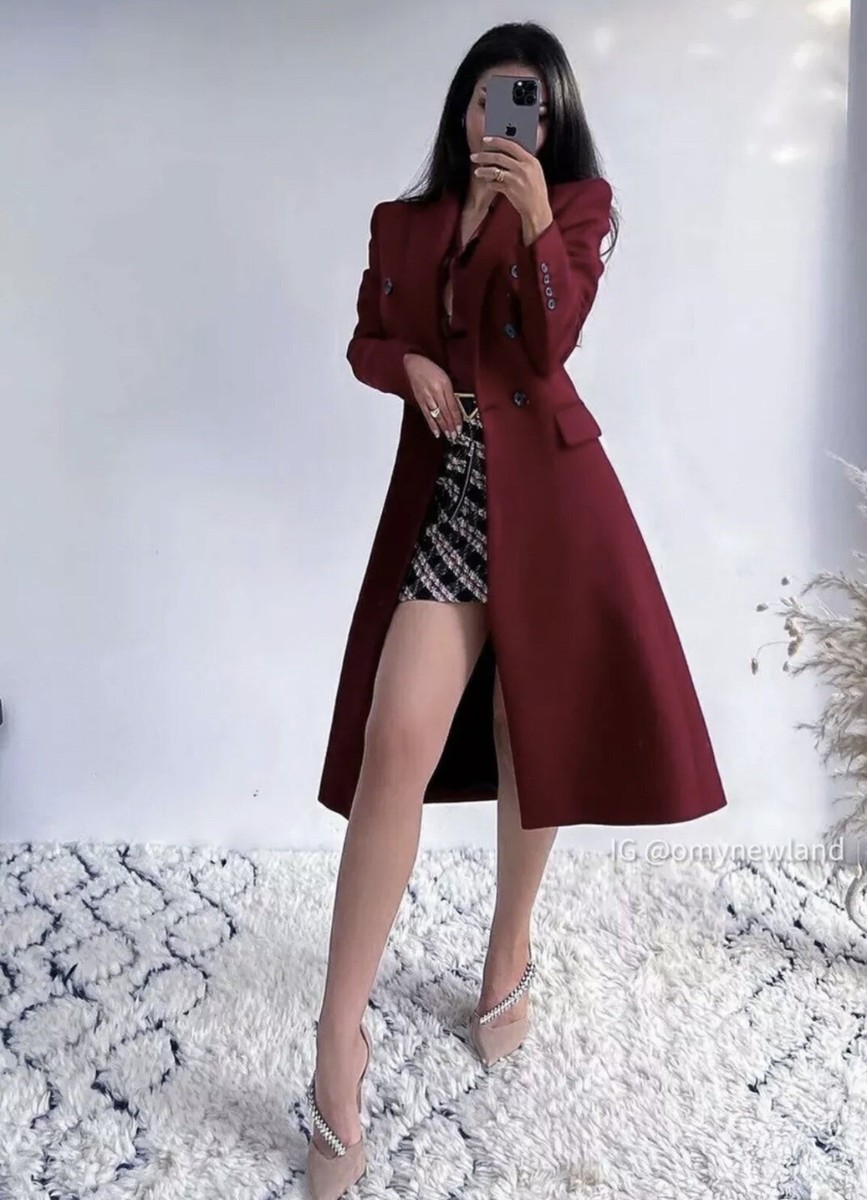 Zara Burgundy Reddish Italian Manteco Wool Double Breasted Coat XL  