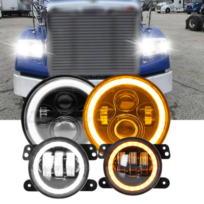 7inch LED Headlights Kit Ring Angel Eyes +4 Inch LED Fog Lights For Jeep