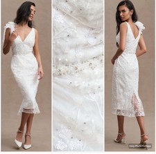 Mac Duggal Bridal Cocktail Dress Midi Sequin Lace Bow Strap 79337 Ivory SIZE 0