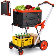 200lb Folding Hand Truck Shopping Cart, 360 Swivel Wheels with Brakes,Red