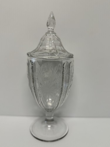 Vintage geätzte Apotheker Bonboniere Glas Klarglas Fußdeckel