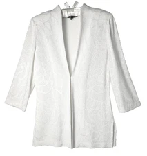 Ming Wang White Jacgaurd Long Jacket Side Slits One Hook & Eye 3/4 Sleeve