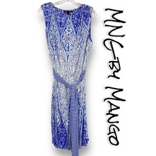 MNG by Mango Paisley Sheath Dress Blue White Knee Length With Sash Womens Size M