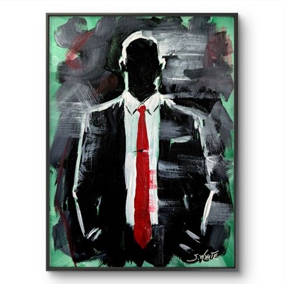 Hitman Agent 47 Original Painting 9x12 Canvas Noir Gangster Suit Red Tie SWhite