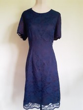 Vintage Blue Lace/Purple Lined Sheath Dress Sz 16T. Short SLeeves. Knee Length