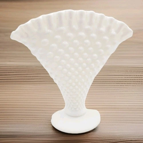 VTG White Hobnail Milk Glass Fan Vase with Ruffle Edge 6” Cottagecore Decor