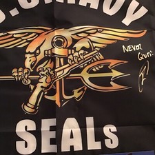 Rob O'Neill Never Quit Gold 31.5"x15" NAVY SEALs Flag PSA Certification 2C71972