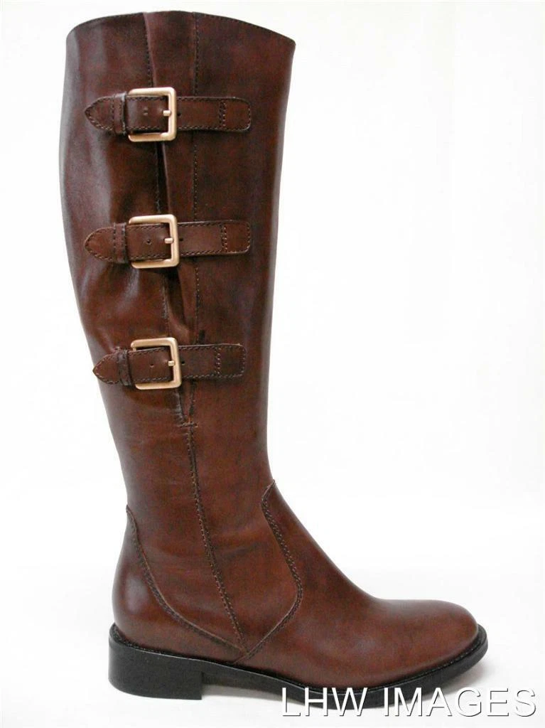 NIB HOBART LEATHER 3 BUCKLE DETAIL RIDING BOOTS SIZE 36 (5-5.5) MINK BROWN |