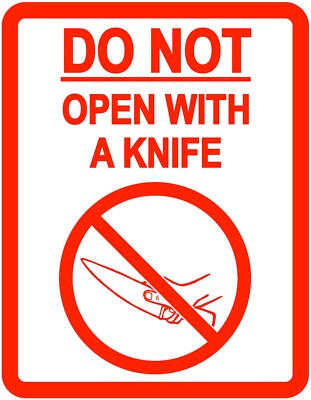 DO NOT OPEN WITH A KNIFE Stickers - Large 80 x 103mm - Fragile - Parcel stickers