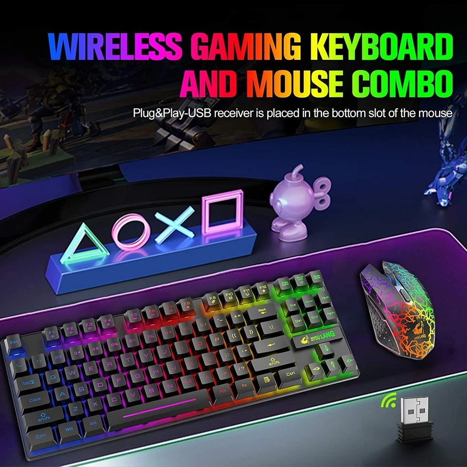 Wireless Gaming Keyboard and Mouse Rainbow LED 87 Key for PC MAC Laptop PS4 Xbox - Image 3 of 4