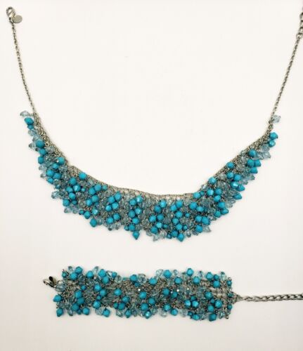Blue Beaded Faux Turquoise Silver Tone Bib Necklace & Bracelet Set 18" Mesh BOHO - Afbeelding 1 van 6