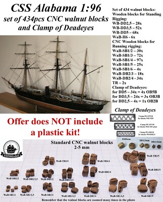 Revell CSS Alabama 1:96 - set of 434pcs CNC walnut blocks and Clamp of Deadeyes