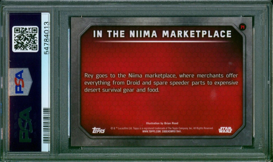 2015 Topps Star Wars TFA Purple IN THE NIIMA MARKETPLACE Rey w/ Staff #71 PSA 10 - Image 2 of 2