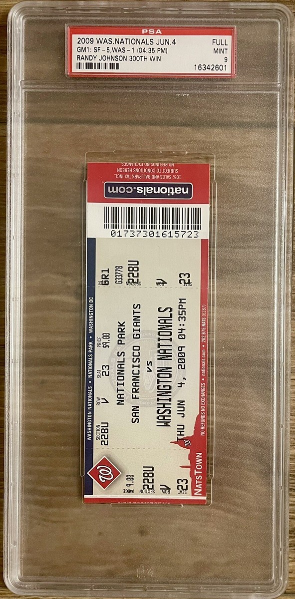 RANDY JOHNSON WIN #300 FULL TICKET 6/4/2009 GIANTS/NATIONALS PSA 9