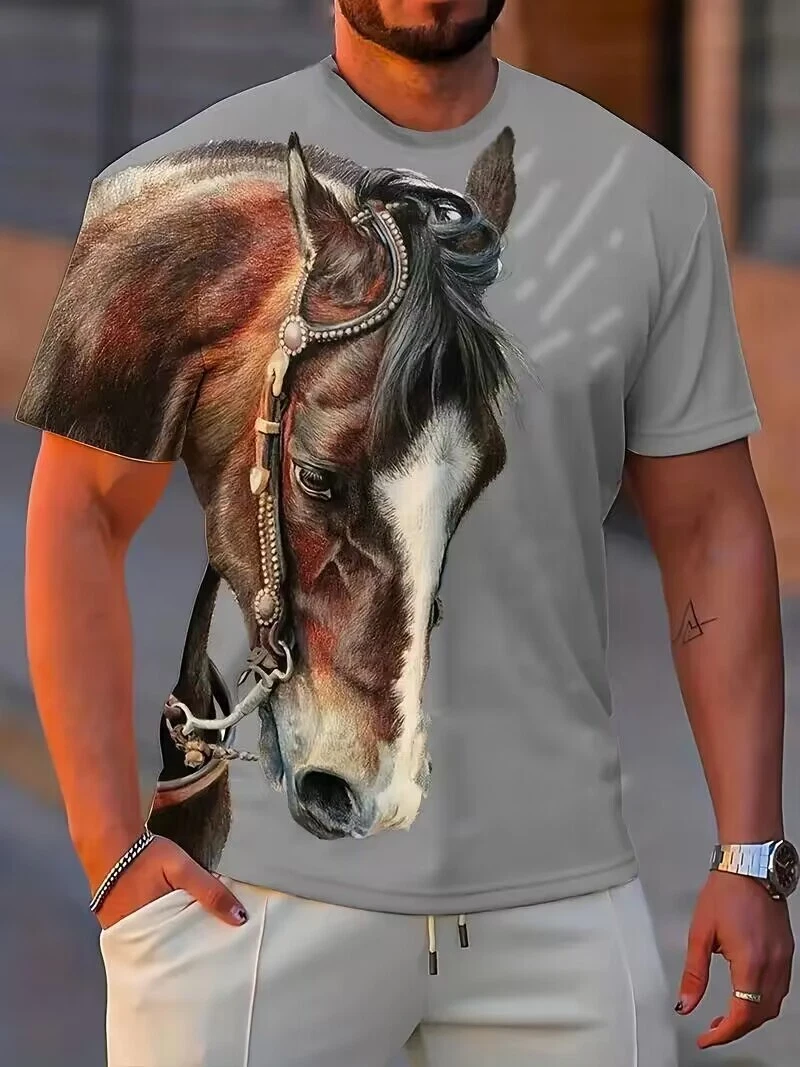 Men Summer Tee 3D Horse Print Breathable Crew Neck Casual Wear T Shirt - Picture 1 of 2