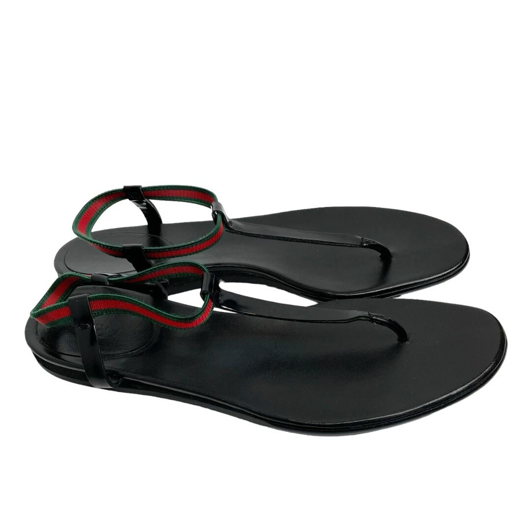 Gucci Black Leather Web Areia Thong Sandals Size 39 US Size 9