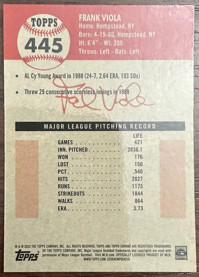 Estampilla dorada Topps 2022 cromada platino Frank Viola Twins Topps originales 2025 Foto 2 de 2