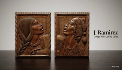 2 Wonderful  J.Ramirez Vintage  Hand Carved Wall Plaques  Bas Relief Man & Woman