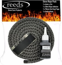 Black Stove Rope Kit 6mm x 2m Long with Reeds Adhesive Flues Glass Door Seals 