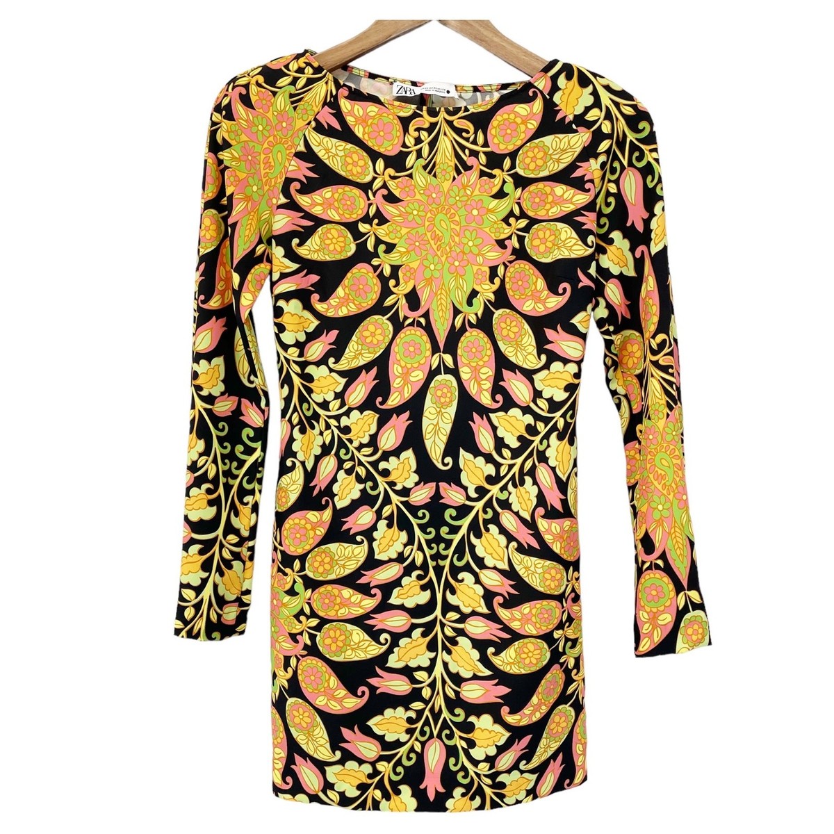 zara yellow paisley dress Womens XS Mini Bodycon Floral Bell Sleeve Cutout Multicolor Open back Preservation Vintage Paisley Dress -