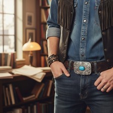 Men Antique Silver Metal Ethnic Belt Buckle Turquoise Blue Bead Filigree Unisex