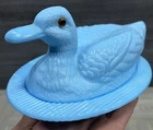Vintage Westmoreland Blue Milk Glass Duck On A Nest Candy Dish Farmhouse