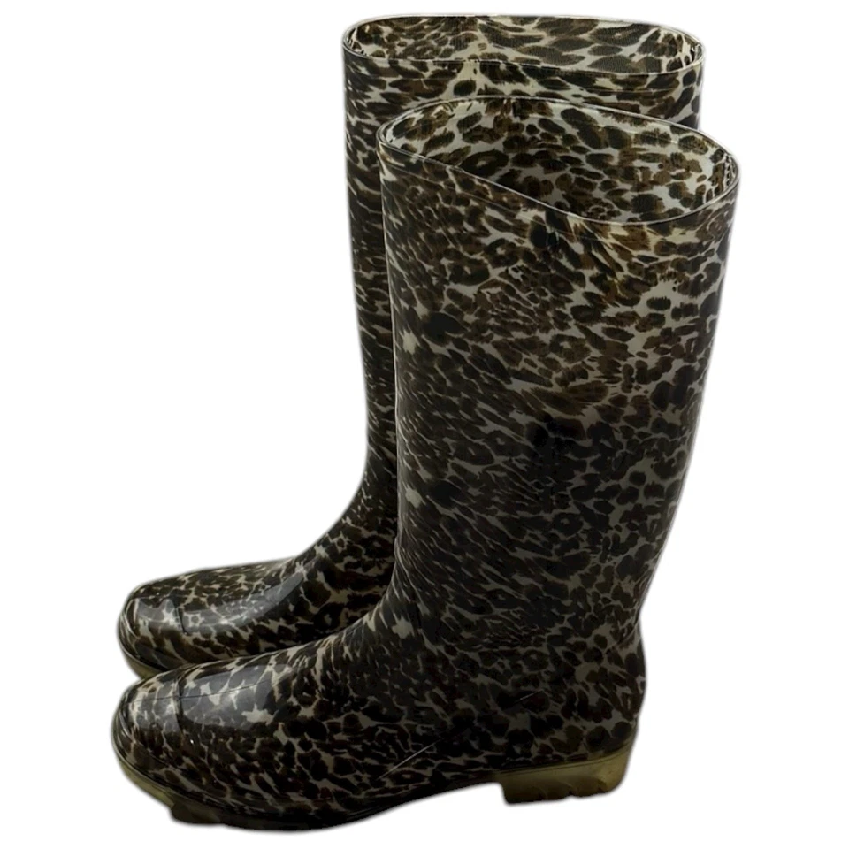 Charles Albert Leopard Print Rain Boots Women’s Size 9 Brown Tall Rubber - Image 3 of 4