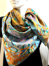 HERMES AU FIL DU CARRE Carre 90 100 Silk Scarf Blue Multi-Color 3133