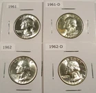 LOT OF 4 BU WASHINGTON QUARTERS 1961 1961-D 1962 1962-D 0.7233 oz SILVER 25c