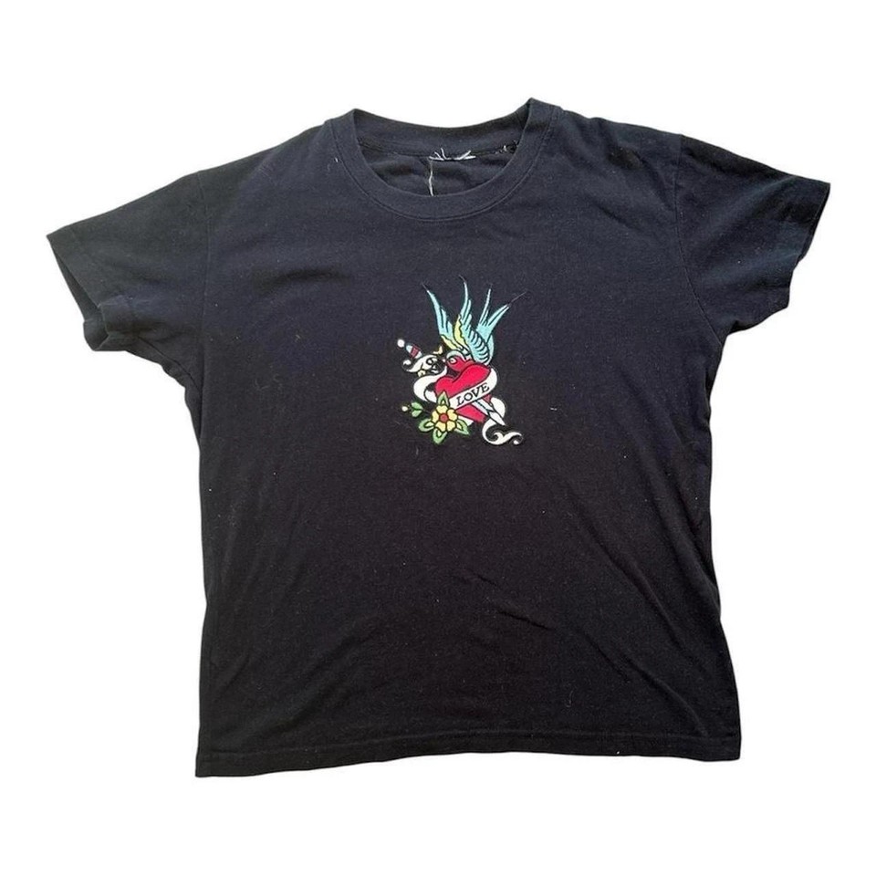 Vintage Superdry Black Tattoo Style Embroidered Baby Tee - Size XS