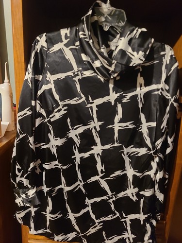 Chico's Satin Top Black White LS Checkered Shine Chantele Cowl Neck Size 3  L