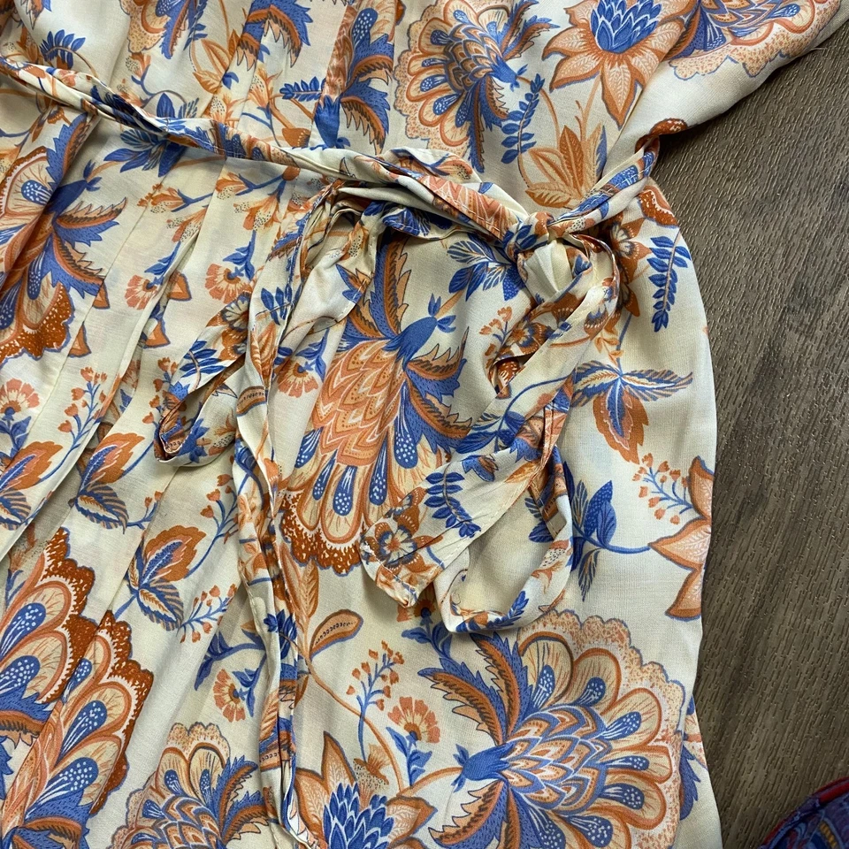 Bata Kimono Floral Melocotón Frente Abierto Corbata Cintura Talla Única Rayón Boho Foto 4 de 4
