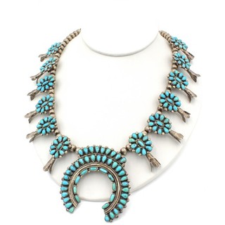 Navajo Signed VMB 925 Turquoise Petit Point Squash Blossom Necklace #S4587 4